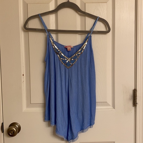 Candie's Tops - Candie’s Blue Tank Top Sequins Frayed Hem Rayon Size Juniors Large EUC